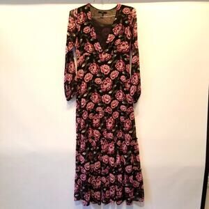 Forever 21 Floral Maxi Dress Black Purple  Ruffle Sheer Front Slit Lined Size M